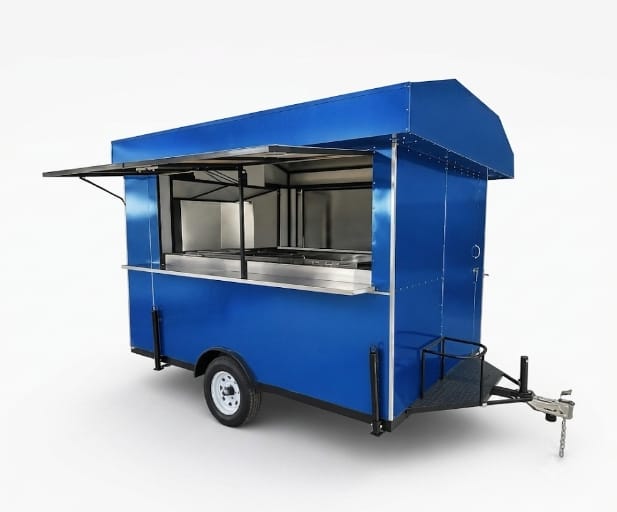 Remolque azul con ventana de servicio y barra para bebidas