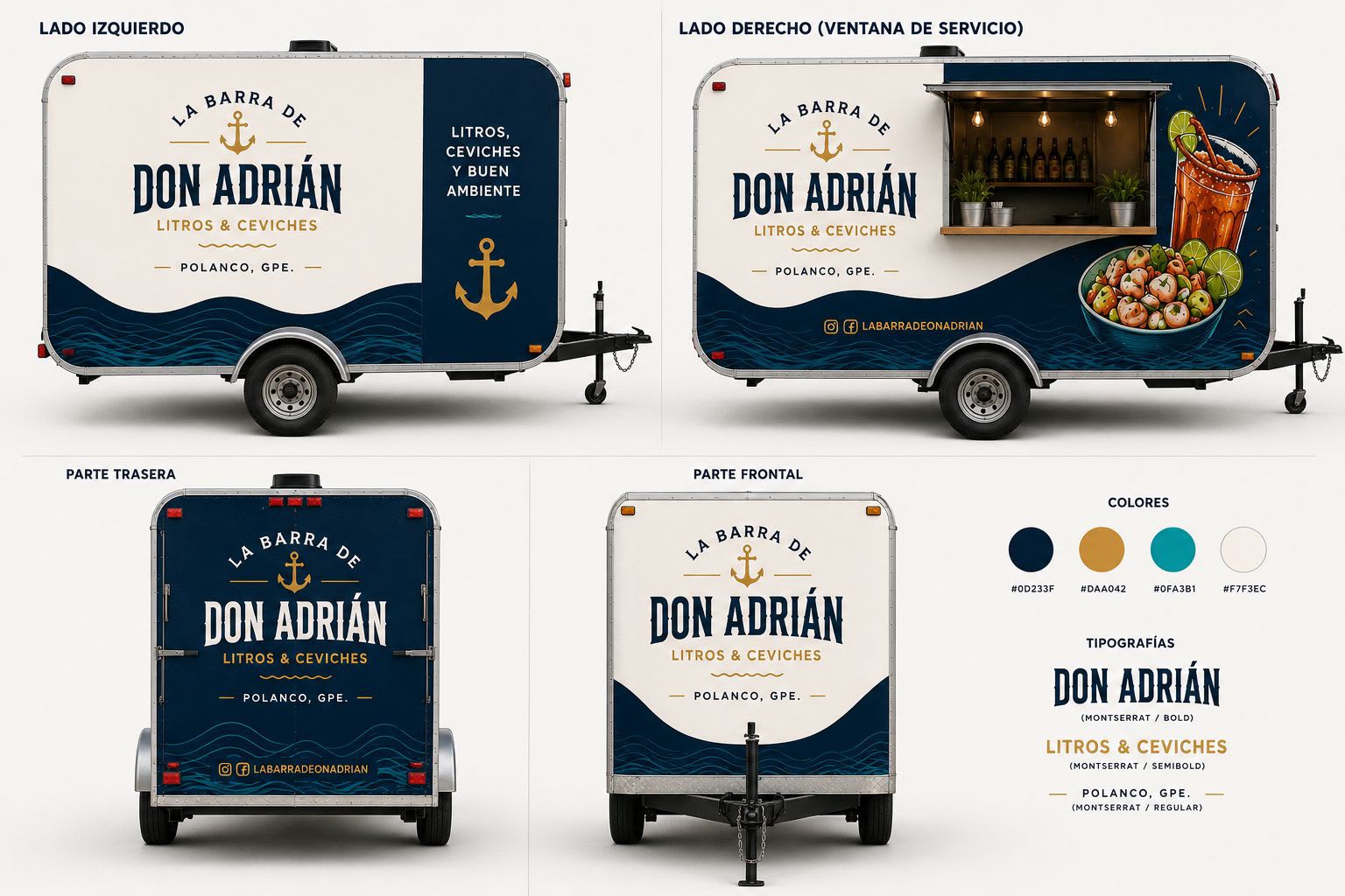 Diseño de rotulado para remolque La Barra de Don Adrián, litros y ceviches